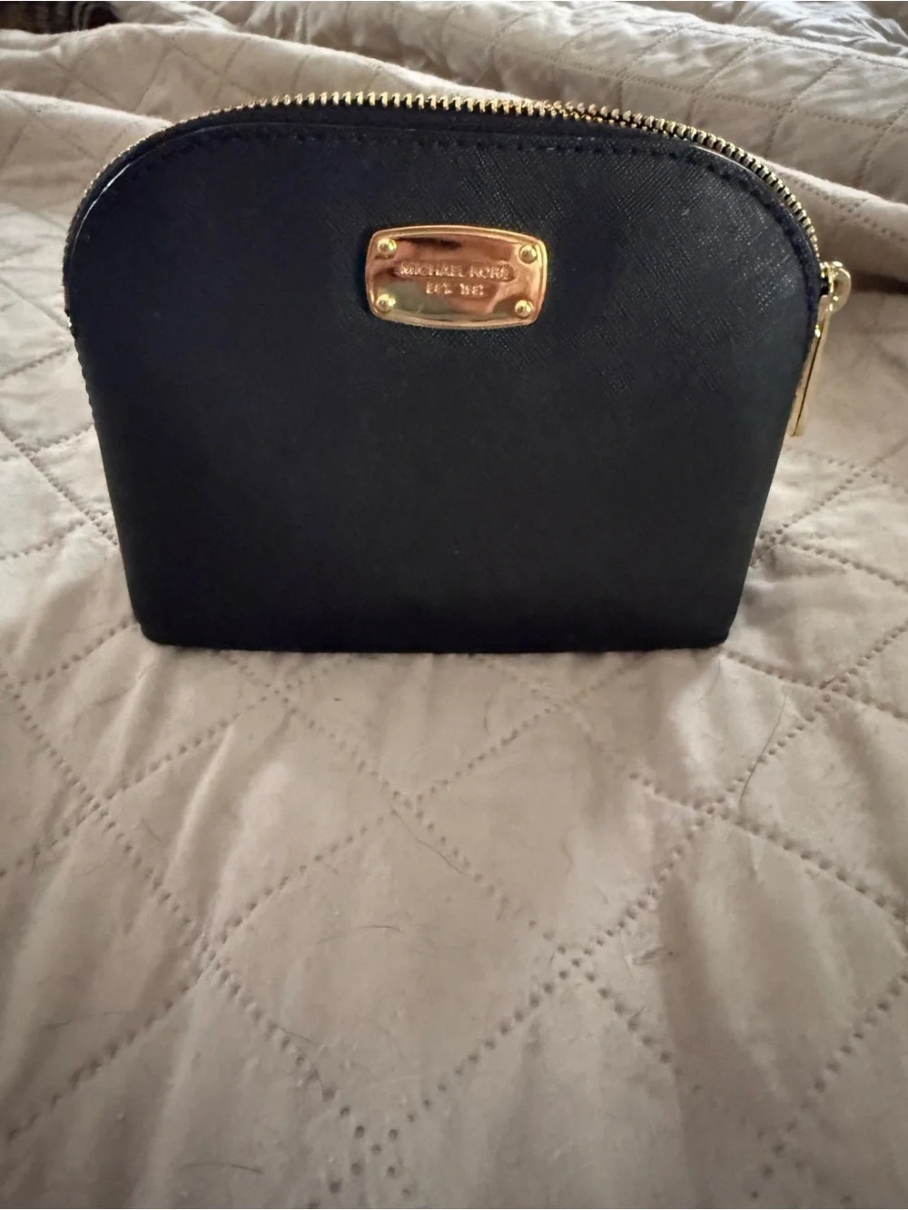 Michael Kors Black Leather Dome Cosmetic Case with Gold Hardware